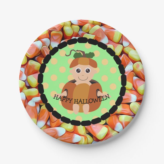 Happy Halloween Candy Corn Pumpkin Kid Plates (Front)