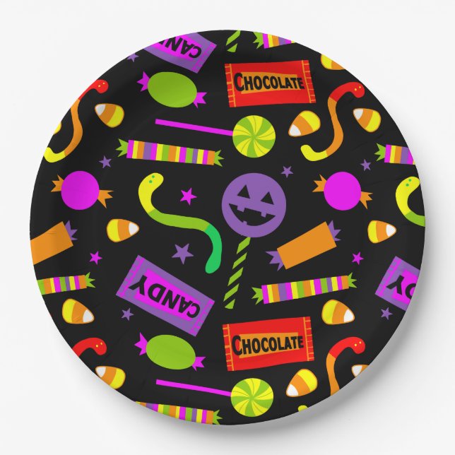 Happy Halloween Candy Pattern Paper Plates (Front)