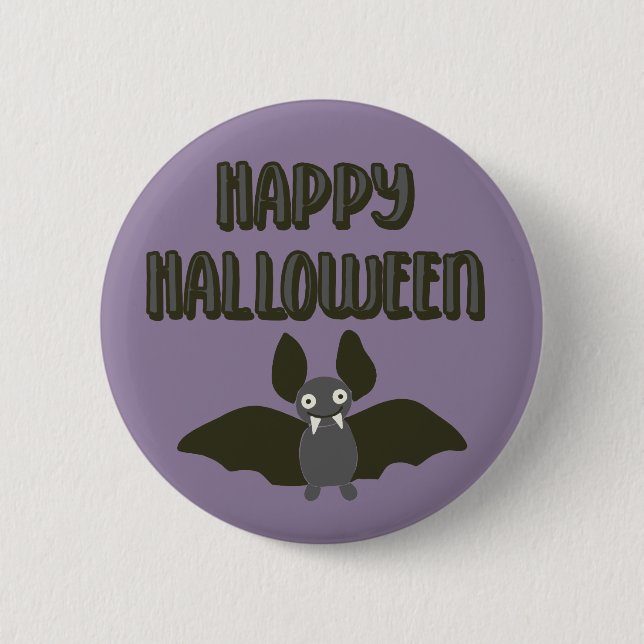Happy Halloween Cartoon Bat with Fangs Button (Front)