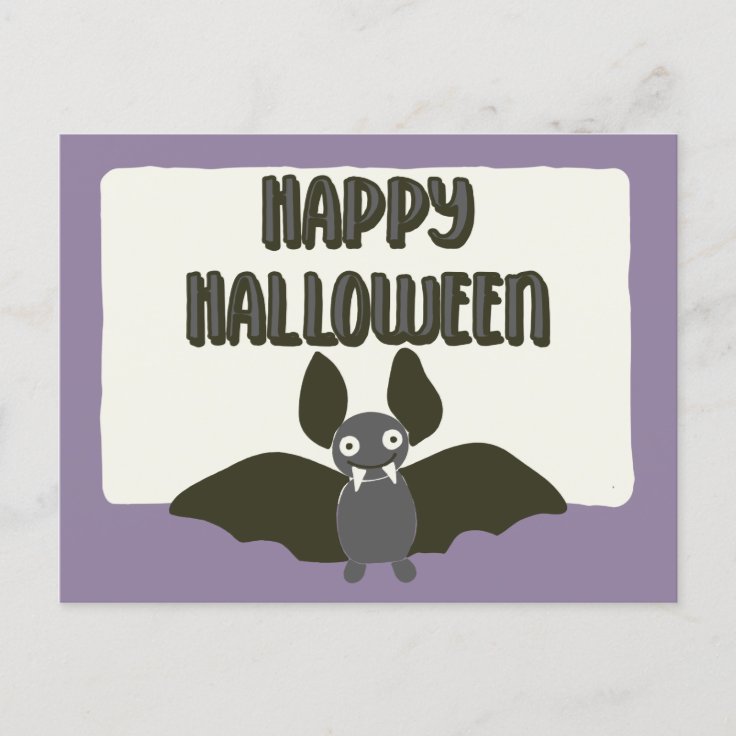 Happy Halloween Cartoon Bat with Fangs Postcard Zazzle