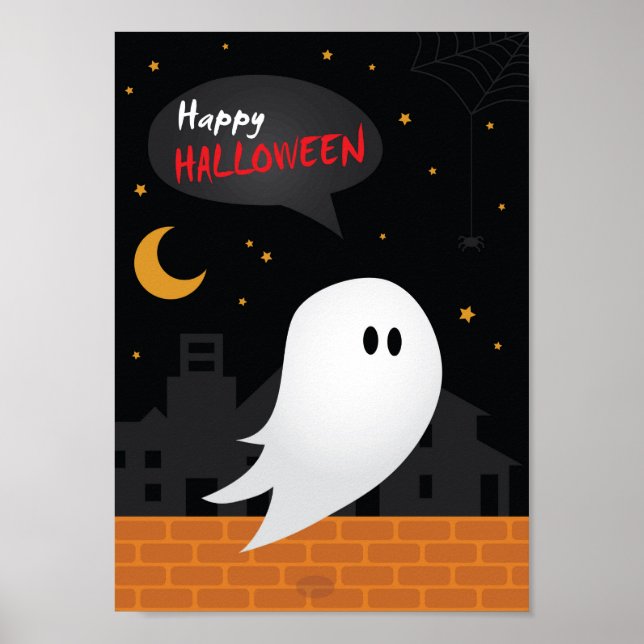 Happy halloween cartoon ghost town night poster (Front)