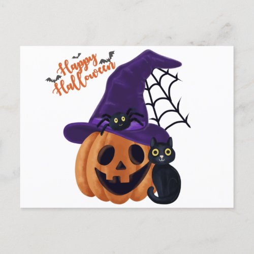 Happy Halloween Carved Pumpkin with Black Cat and  Postcard