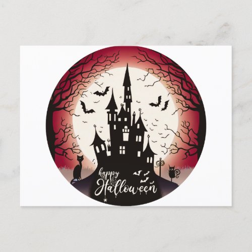 Happy Halloween Castle Bats Black Cat Halloween Holiday Postcard