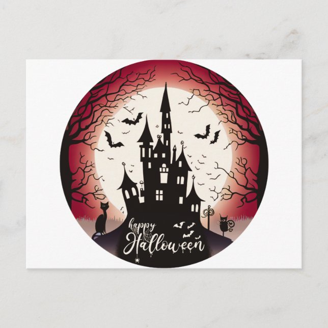 Happy Halloween Castle Bats Black Cat Halloween Holiday Postcard (Front)