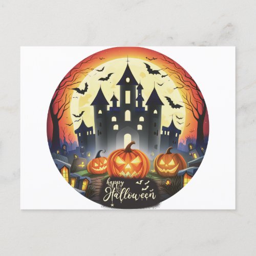 Happy Halloween Castle Bats Pumpkins Halloween Holiday Postcard