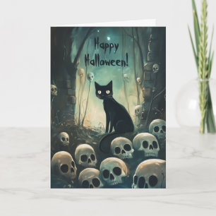 Happy Halloween Cat among Skulls Letterpress Thank You Card