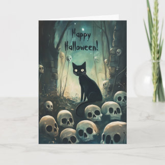 Happy Halloween Cat among Skulls Thank You Card
