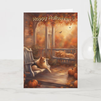 Happy Halloween cat and dog on a front porch Card