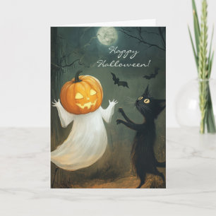 Happy Halloween Cat and Ghost Fun Letterpress Thank You Card