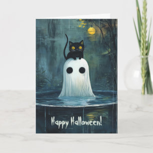 Happy Halloween Cat and Ghost in a Pool Letterpress Thank You Card