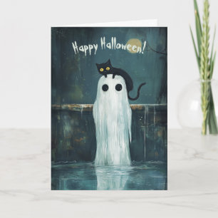 Happy Halloween Cat and Ghost in a Pool Letterpress Thank You Card