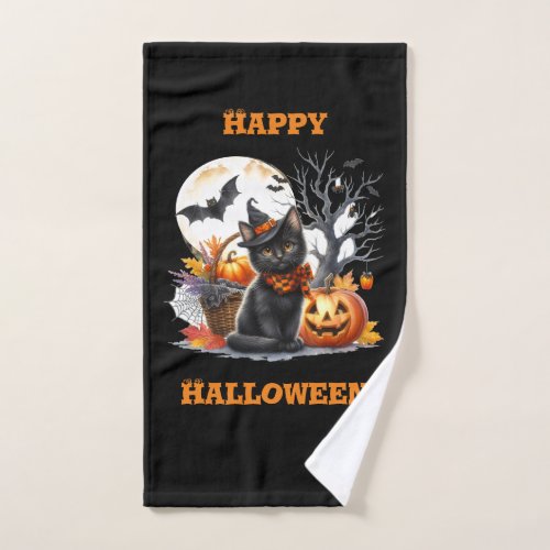 Happy Halloween Cat and Jack O Lantern Hand Towel