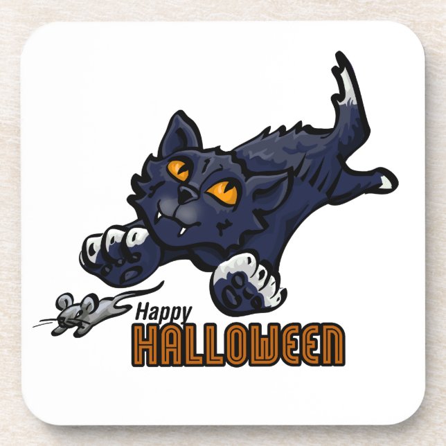 Happy Halloween Cat and Mouse Drink Coaster (Front)