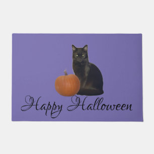 Happy Halloween Cat and Pumpkin on Purple Door Mat