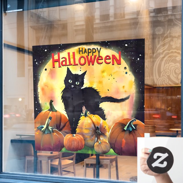 Happy Halloween Cat and Pumpkins Window Cling (Cafe Window)