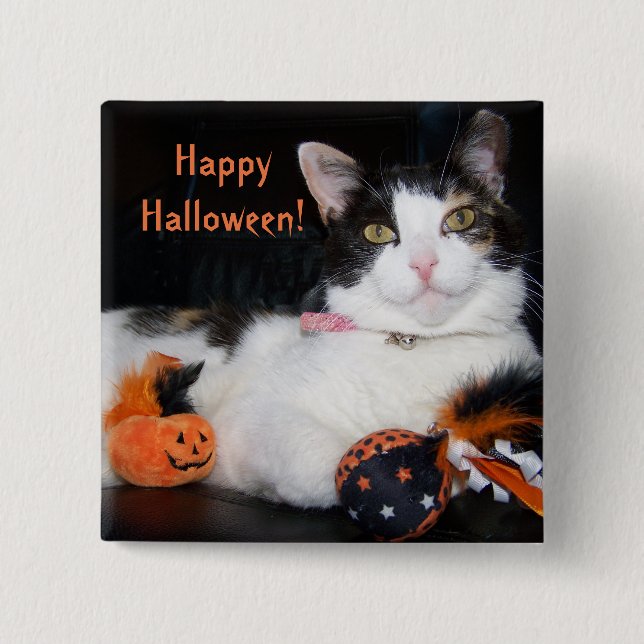 Happy Halloween Cat Calico Kitty with Pumpkin Button (Front)
