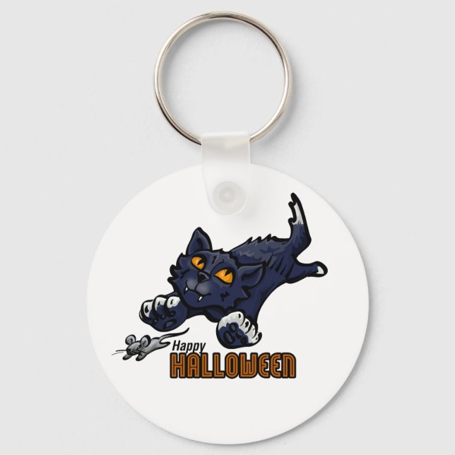 Happy Halloween Cat Chasing Mouse Keychain (Front)