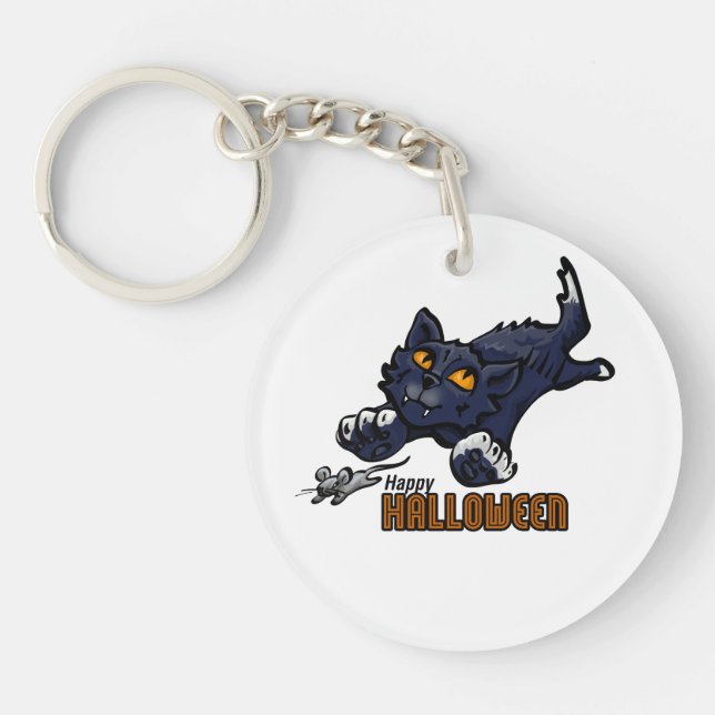Happy Halloween Cat Chasing Mouse Keychain (Front)