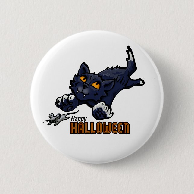 Happy Halloween Cat Chasing Mouse Pinback Button (Front)