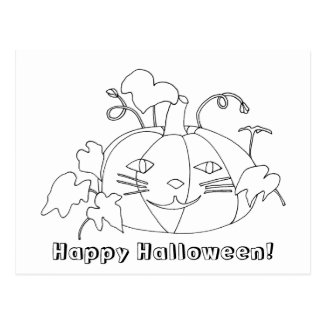 Happy Halloween Cat Face Coloring Postcards