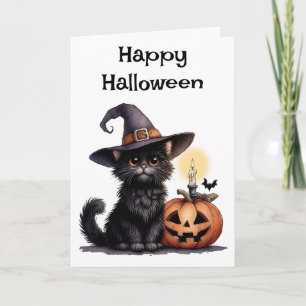 Happy Halloween Cat in a Witch Hat Card