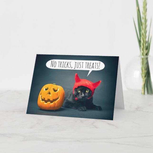 Happy Halloween Cat in Devil Costume Humor Holiday Card (Front)