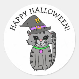 Happy Halloween Cat  in Witch's Hat Classic Round Sticker