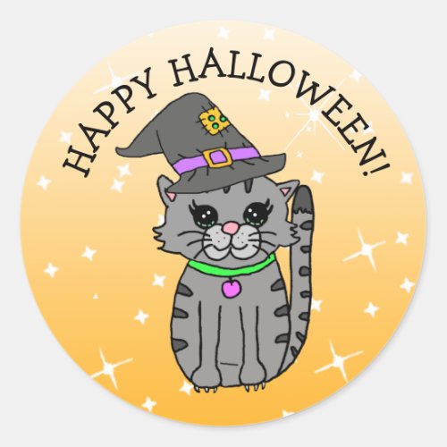 Happy Halloween Cat  in Witchs Hat Classic Round Sticker
