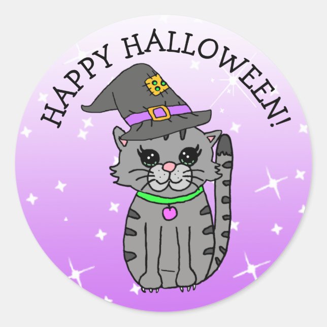 Happy Halloween Cat  in Witch's Hat Classic Round Sticker (Front)