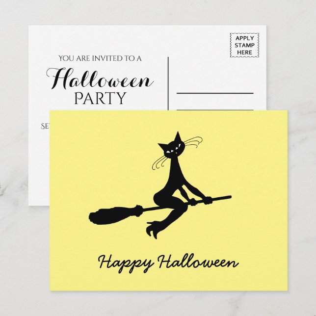 Happy Halloween, Cat On Broomstick Invitation (Front/Back)
