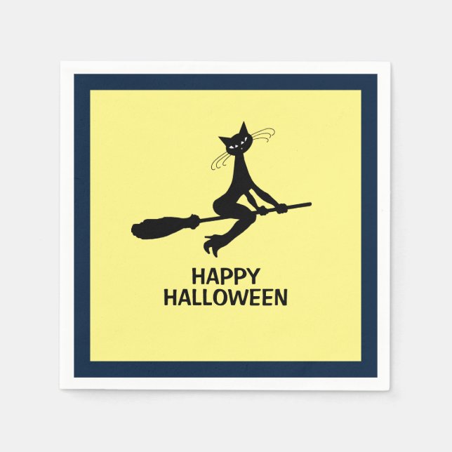 Happy Halloween, Cat On Broomstick Napkins (Front)