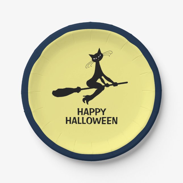 Happy Halloween, Cat On Broomstick Paper Plates (Front)