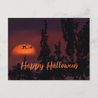 Happy Halloween Cat on Witch broom Postcard