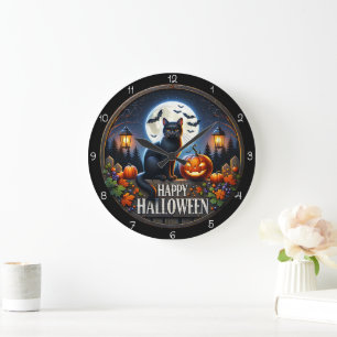 Happy Halloween Cat Pumpkin Full Moon Large Clock