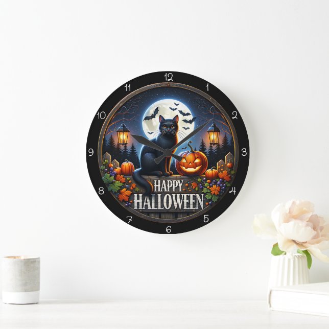 Happy Halloween Cat Pumpkin Full Moon Large Clock (Home)