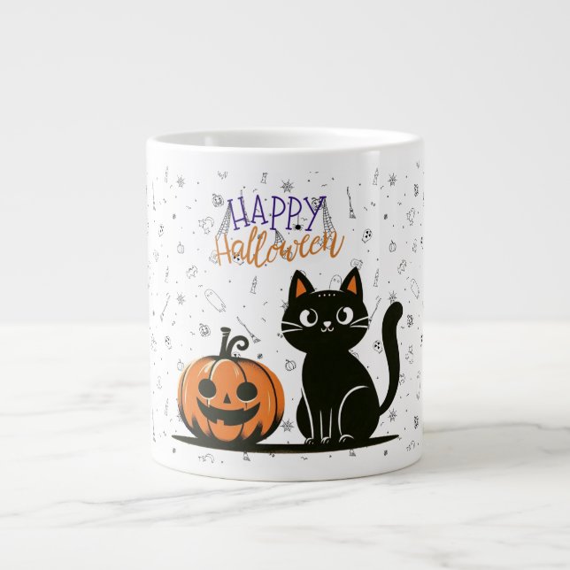 Happy Halloween cat & pumpkin Giant Coffee Mug (Front)
