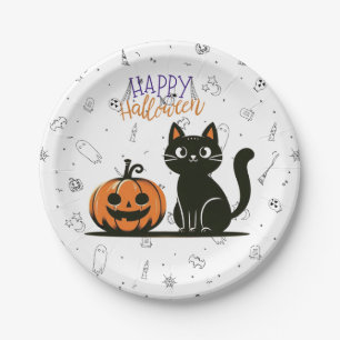 Happy Halloween cat & pumpkin Paper Plates