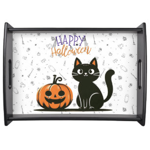 Happy Halloween cat & pumpkin Serving Tray