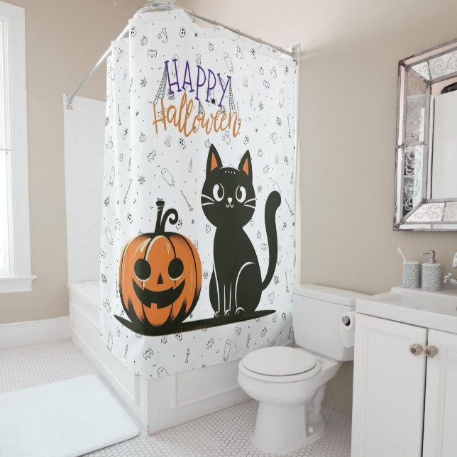 Happy Halloween cat & pumpkin Shower Curtain (In Situ)