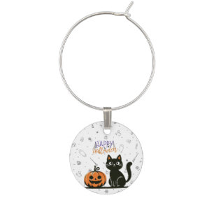 Happy Halloween cat & pumpkin Wine Charm