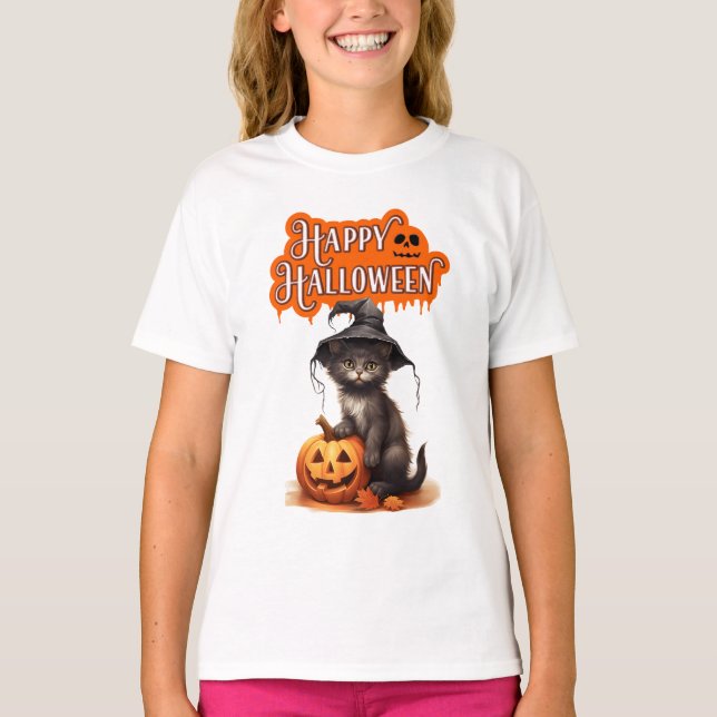 Happy Halloween Cat T-Shirt – Cute Black Cat Desig (Front)