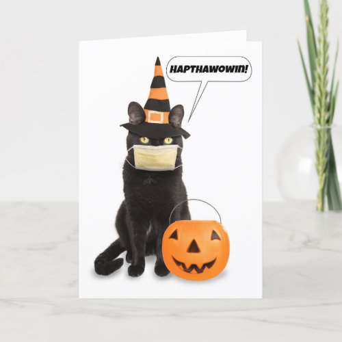Happy Halloween Cat Talking Through Face Mask Holiday Card