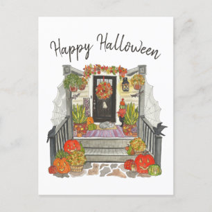 Happy Halloween Cat Watercolor Postcard