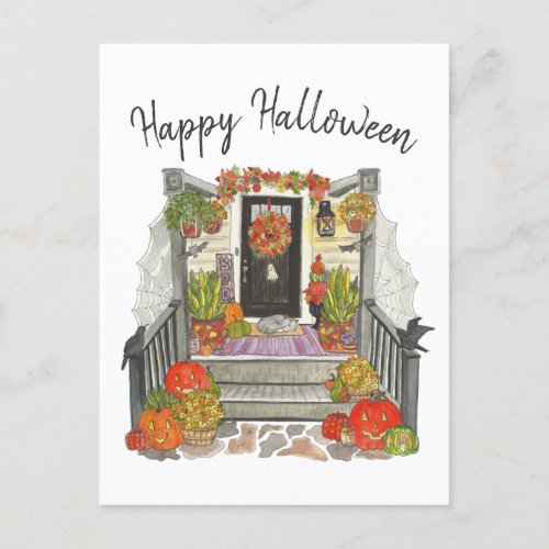 Happy Halloween Cat Watercolor Postcard