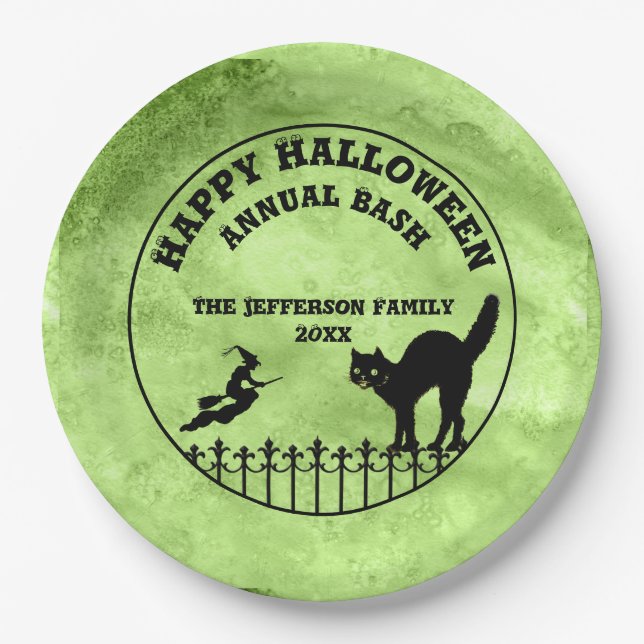Happy Halloween Cat Witch Silhouette Green Grunge Paper Plates (Front)