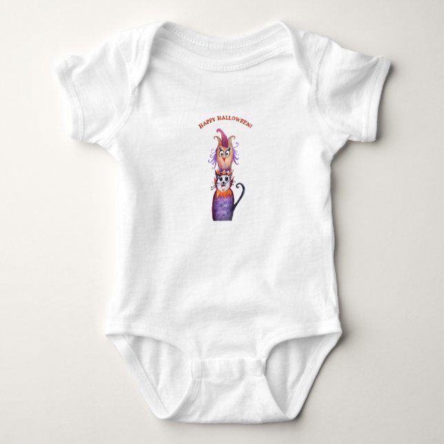 Happy Halloween  Catn  & Owl Cute Kids T-shirt Baby Bodysuit (Front)