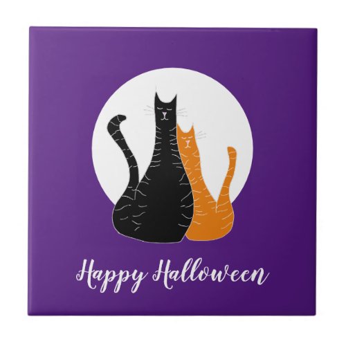 Happy Halloween Cats Full Moon Ceramic Tile