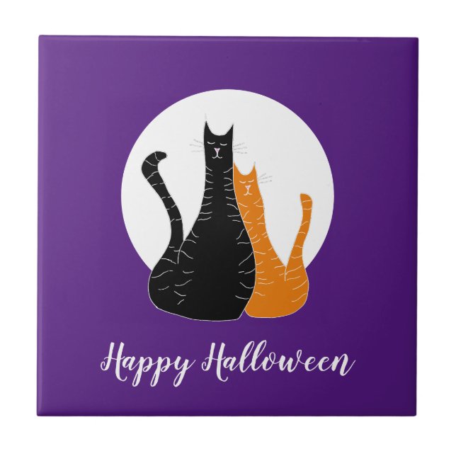 Happy Halloween Cats Full Moon Ceramic Tile (Front)
