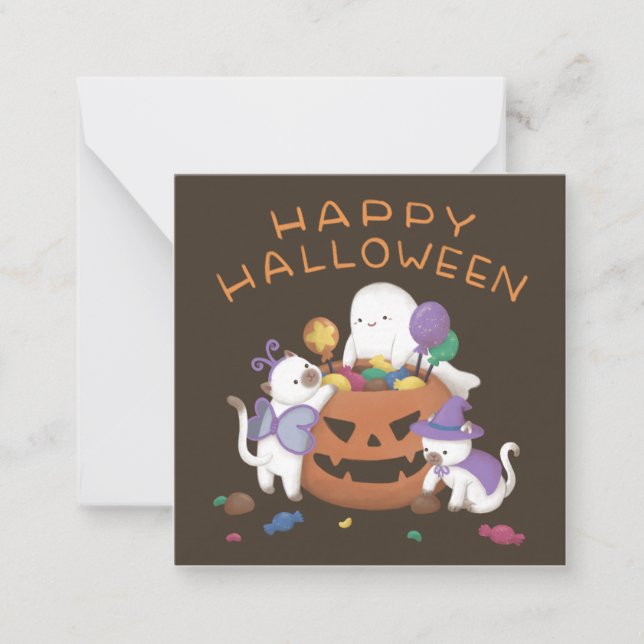 Happy Halloween: Cats & Ghost Note Card (Front)