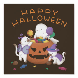 Happy Halloween: Cats & Ghost Poster